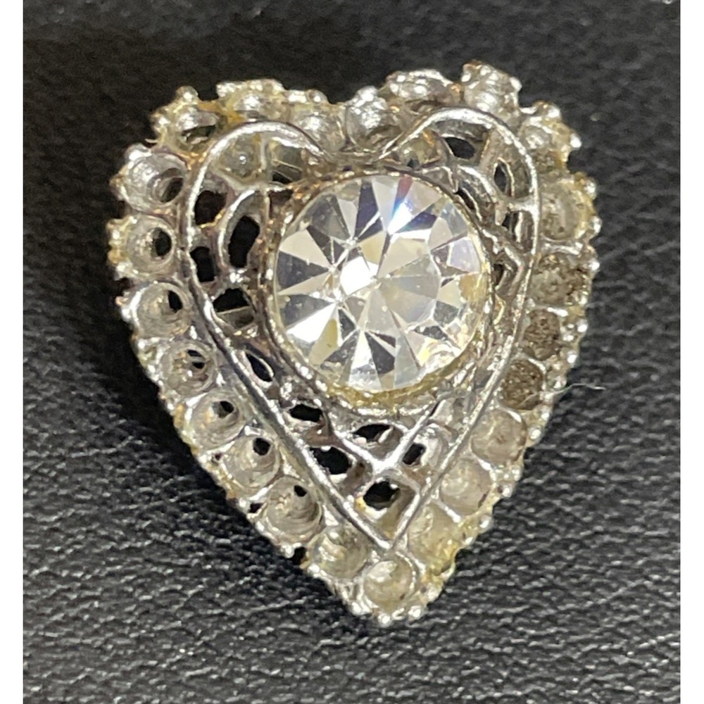 Vintage Rhinestone Heart Brooch Small Valentines Day Jewelry Pin Silver Tone 3D